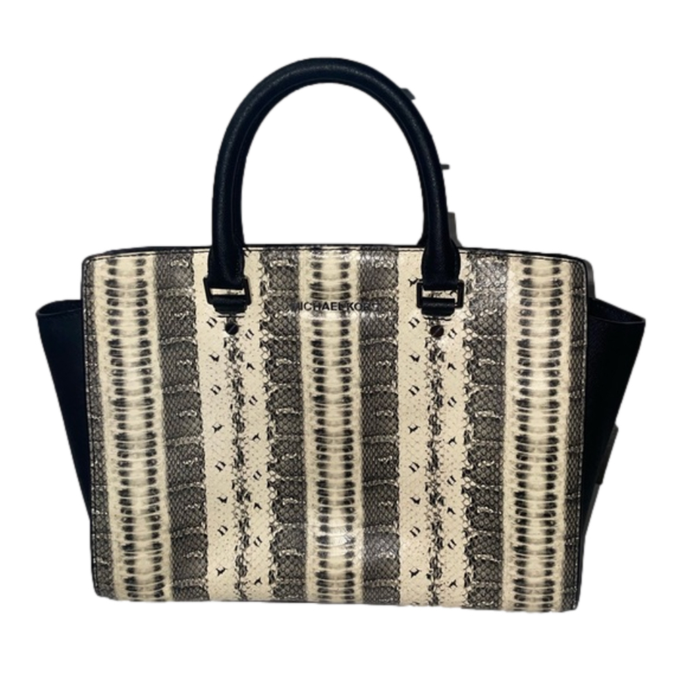 NWOT MICHAEL KORS Selma Large Snake Print Leather Purse Black and Off White